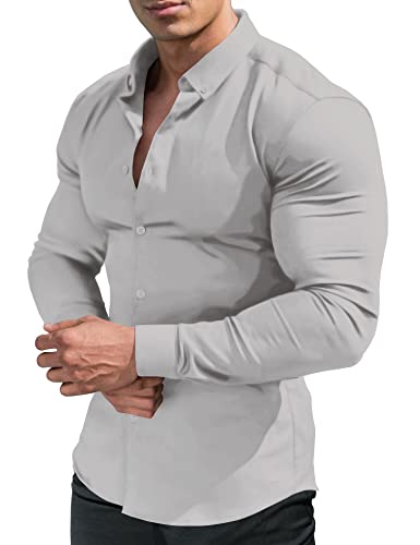 URRU Herren Muskelkleid Shirts Slim Fit Stretch Lang & Kurzarm Casual Button Down Shirt, Langarm-Grau, L von URRU