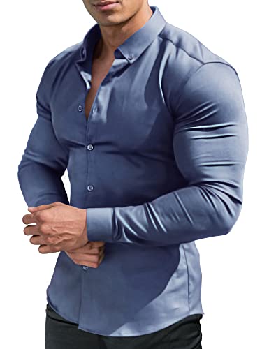 URRU Herren-Muskelhemd, schmale Passform, Stretch, lange und kurze Ärmel, lässig, Button-Down-Shirt, Langarm blau, Mittel von URRU