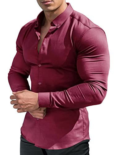 URRU Herren Muskelkleid Shirts Slim Fit Stretch Lang & Kurzarm Casual Button Down Shirt, Long Sleeve Weinrot, Mittel von URRU
