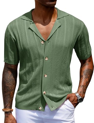 URRU Herren-Polo-Shirt, gestrickt, Knopfleiste, kurzärmelig, Vintage-Polo-Shirt, lässig, Sommer, Strand, Grün (Army Green), L von URRU