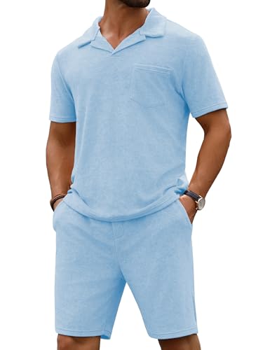 URRU Herren-Poloshirt und Shorts-Set, Sommer-Outfits, Strand, Frottee, lässig, kurzärmelig, 2-teiliges kurzes Set für Herren, Hell, blau, Large URRU Herren-Poloshirt und Shorts-Set, Sommer-Outfits, Strand, Frottee, lässig, kurzärmelig, 2-teiliges kurzes Set für Herren, Hell, blau, Large von URRU