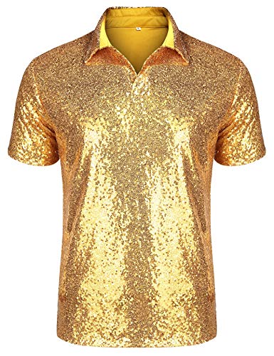 URRU Herren Relaxed Kurzarm Turndown Glitzernde Pailletten Poloshirts 70er Jahre Disco Nachtclub Party T-Shirts Tops S-XXL, Gold, Mittel von URRU