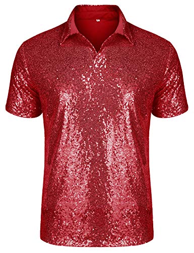 URRU Herren Relaxed Kurzarm Turndown Glitzernde Pailletten Poloshirts 70er Jahre Disco Nachtclub Party T-Shirts Tops S-XXL, Rot/Ausflug, einfarbig (Getaway Solids), XX-Large von URRU