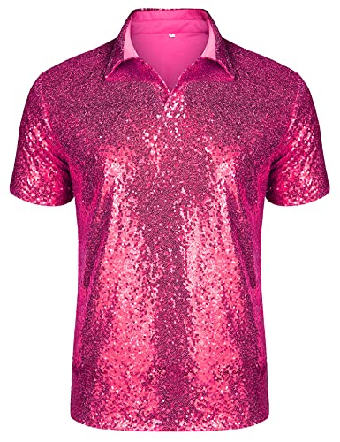 URRU Herren Relaxed Kurzarm Turndown Sparkle Pailletten Polo Shirts 70er Jahre Disco Nachtclub Party T-Shirts Tops S-XXL, Rosenrot, XX-Large von URRU