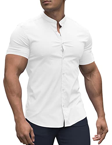 URRU Herren-Shirt, Muskelkleid, schmale Passform, Stretch, gebänderter Kragen, lang und kurzärmelig, lässig, Button-Down-Shirt, Kurze Ärmel, Weiß, L von URRU