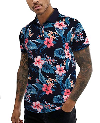 URRU Herren Sommer Slim Fit Kurzarm Polo Shirt Floral Printed Casual Light Weight Polo T-Shirt, dunkelblau, X-Groß von URRU