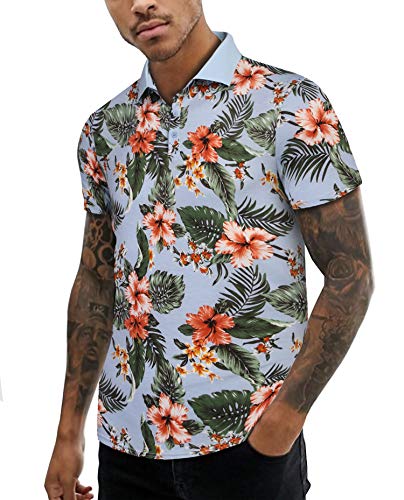 URRU Herren Sommer Slim Fit Kurzarm Polo Shirt Floral Printed Casual Light Weight Polo T-Shirt - Blau - X-Groß von URRU