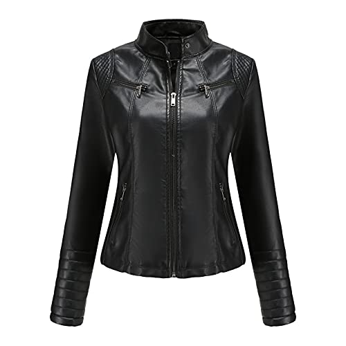 URSING Damen Lederjacke Stehkragen Kunstlederjacke Winddicht Warm Verdicken Reißverschluss Jacke Stehkragen PU Lederjacke Retro Motorradjacke von URSING