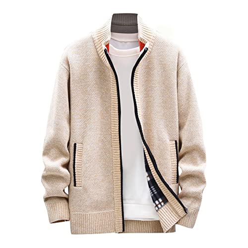 URSING Herren Slim Full Zip Up Stehkragen Lässige Strickpullover Cardigan Jacke mit Taschen Zopfmuster Pullover Mantel von URSING