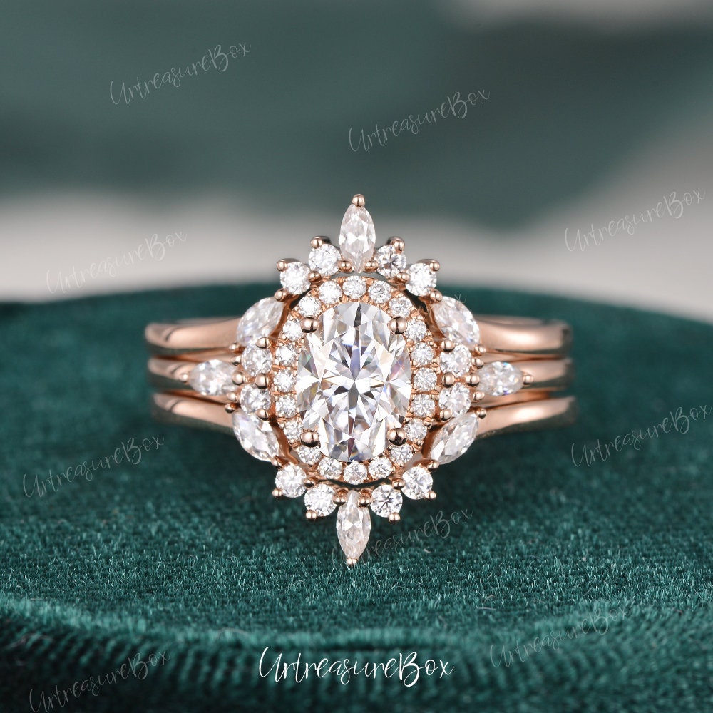 1, 5 Ct Rose Gold Moissanite Verlobungsring Set 3 Stück Vintage Oval Verlobungringe Doppel Halo Braut Art Deco Einzigartige Marquise Versprechen von URTreasureBox