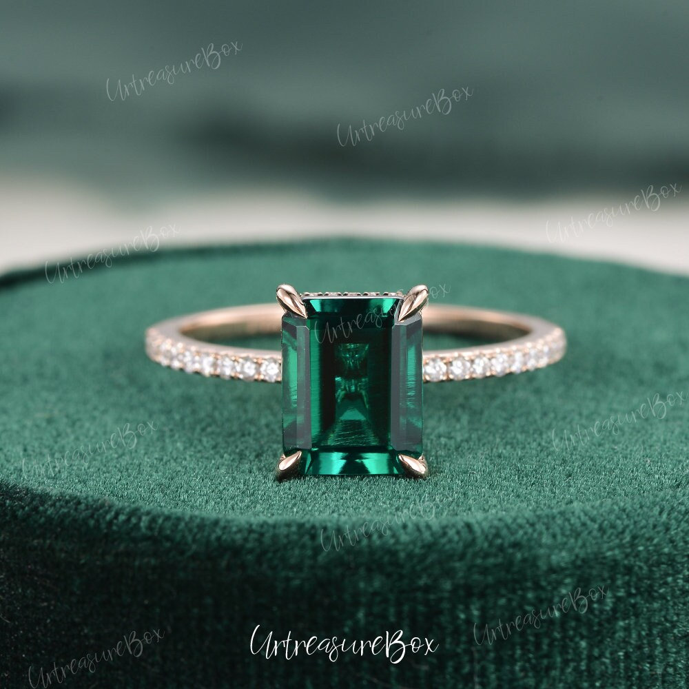 2.5Ct Grüner Smaragd Verlobungsring Rosegold Versteckter Halo Smaragdschliff, Frauen Vintage Kralle Zinken Versprechen Ring Jubiläum von URTreasureBox