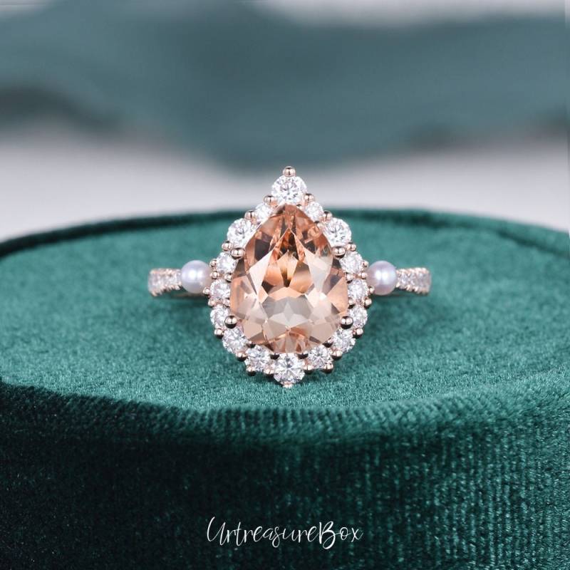 2Ct Pear Shaped Morganit Verlobungsring Frauen Rosegold Vintage Ehering Unikat Perle Und Diamant Halo Ring Art Deco Versprechen von URTreasureBox