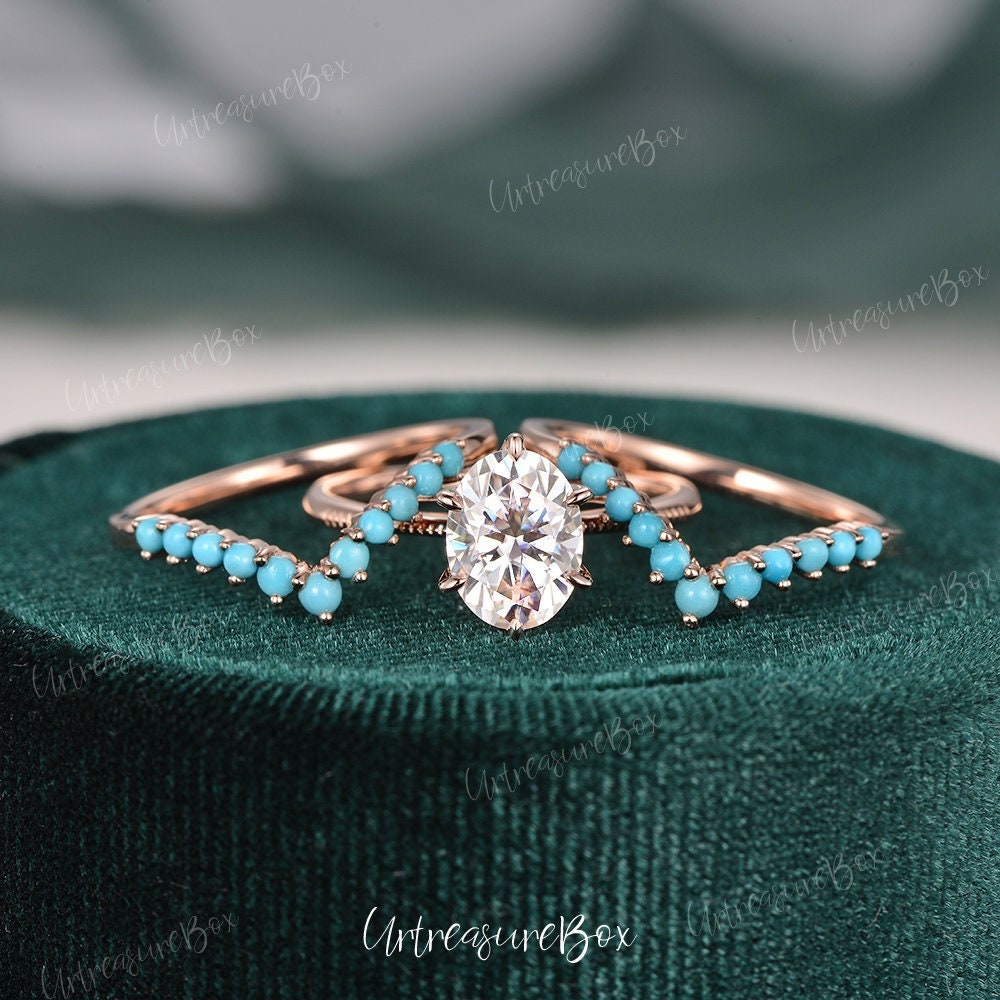 2Ct Solitär Verlobungsring Sets Carat Wahl Oval Cut Moissanite Braut Set Rosegold Doppel Türkis Ehering 3 Stück Stapelring von URTreasureBox