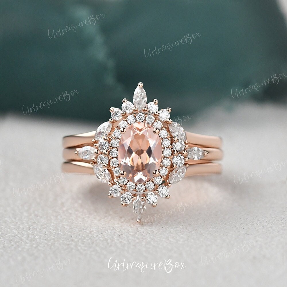 3 Stücke Oval Cut Morganit Brautring Set 14K Rose Gold Moissanite Doppel Halo Brilliant Verlobungsring Einzigartige Ring Jubiläumsgeschenk von URTreasureBox