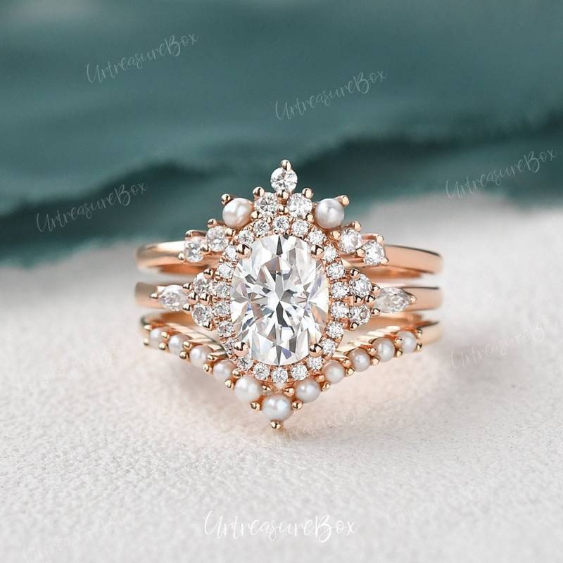 3x Moissanit Braut Set Vintage Rosegold Verlobungsringe Oval Halo Perle Diamant Ehering Cluster Art Deco Jahrestag Geschenk Für Sie von URTreasureBox