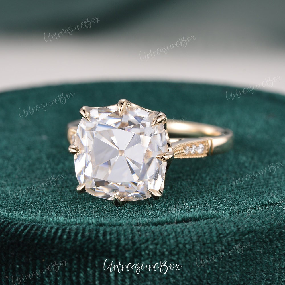 4Ct Old Mine Cut Moissanit Verlobungsring Kissen Simulierter Diamant Ring Vine Gelbgold Frauen Geschenk Vintage Classic Promise Art Deco von URTreasureBox