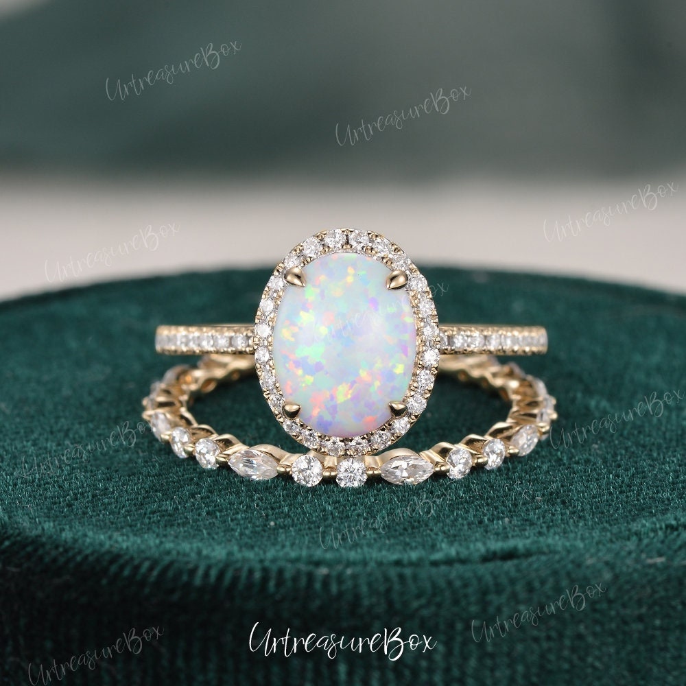 7 9mm Oval Cut Opal Verlobungsring Set Rose Gold Lab Weißer Hochzeit Braut Frauen Marquise Diamant Stacking Ring Vintage Halo von URTreasureBox