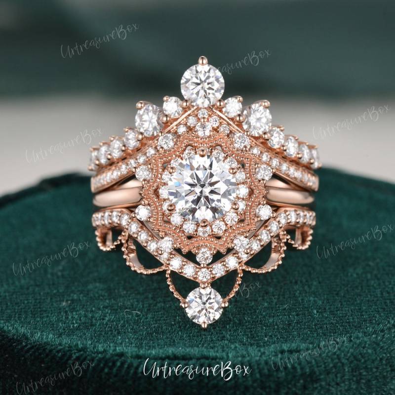 Antiker Moissanit Verlobungsring Set Zarter Vintage Brautring Roségold Unikat Schneeflocke Doppel Halo Ring Diamant Cluster Art Deco von URTreasureBox