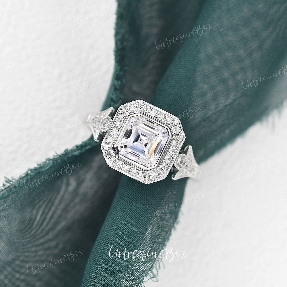Art Deco Asscher Cut Moissanite Verlobungsring Weißgold Frauen Emerald Ring Einzigartige Vintage Hochzeit Jahrestag Geschenk von URTreasureBox