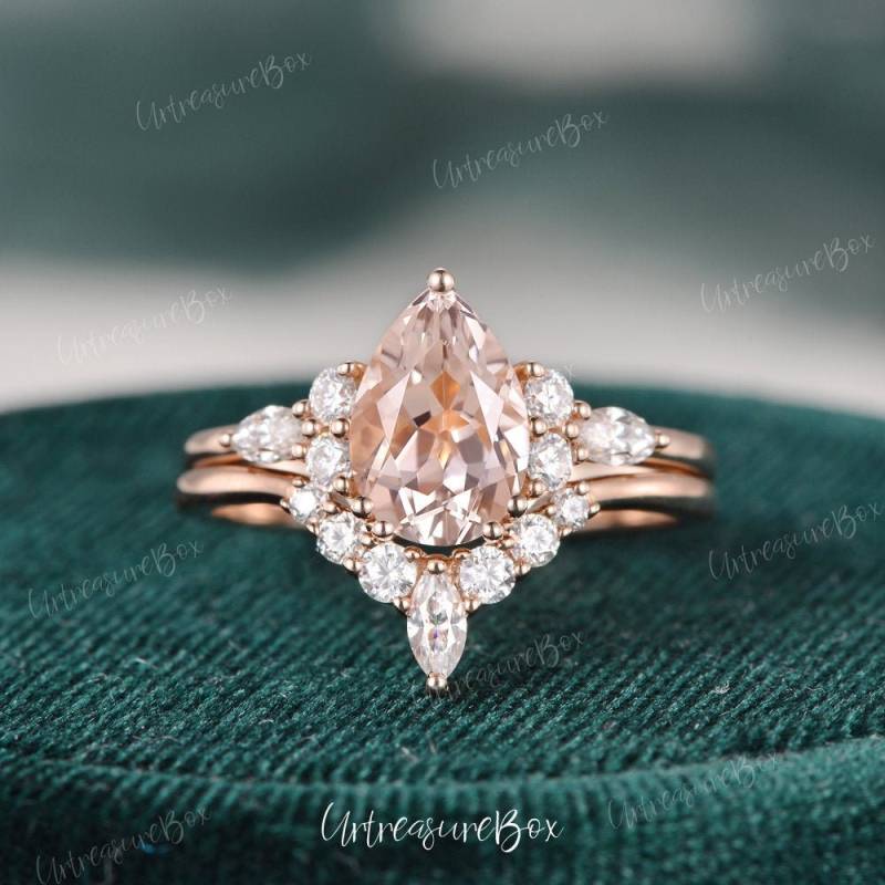 Birne Morganit Verlobungsringe Rosegold Vintage Verlobungsring Frauen Marquise Cluster Ring Hochzeit Brautring von URTreasureBox