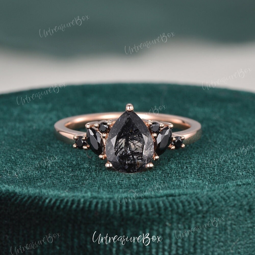 Birne Schwarz Rutilquarz Verlobungsring Salz Und Pfeffer Kristall Ring Roségold Marquise Spinell Cluster Diamant Versprechen von URTreasureBox