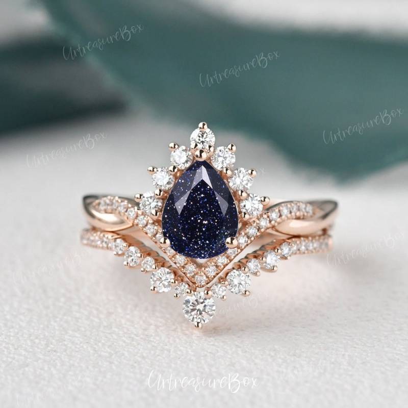 Blauer Sandstein Verlobungsring Set Vintage Galaxy Braut Einzigartige Kristall Ring Rose Gold Infinity Stapelring Frauen Brilliant Halo von URTreasureBox