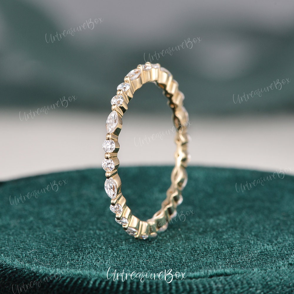 Gerade Ehering Frauen Gelbgold Marquise Diamant/Moissanite Rebe Stapelring Blatt Jahrestagsgeschenk Für Sie Ewigkeit von URTreasureBox