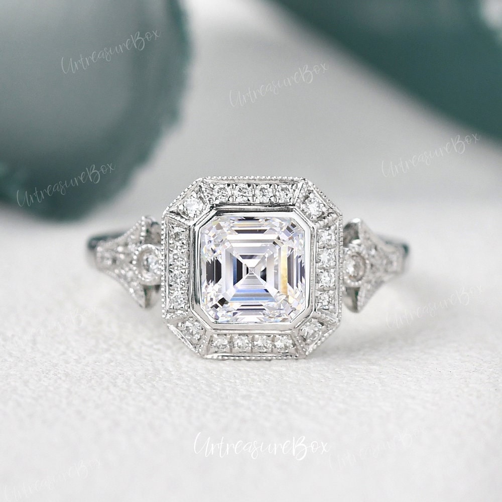 Igi 1.0Ct Lab Gewachsener Diamant Ring Asscher Schliff Verlobungsring Diamanten Weißgold Antik Versprechen Halo Frauen von URTreasureBox