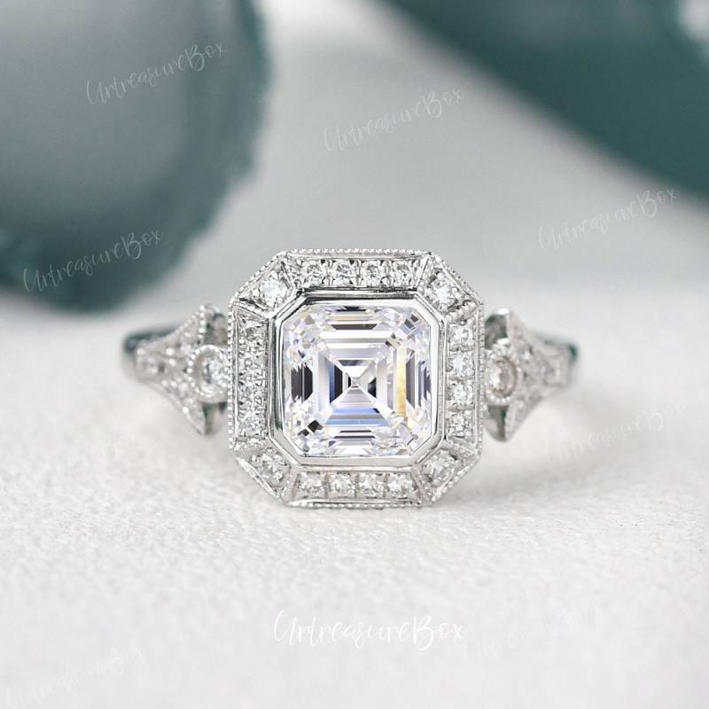 Igi 1, 0Ct Lab Grown Diamond Ring Asscher Cut Verlobungsring Create White Gold Antique Promise Halo Women von URTreasureBox