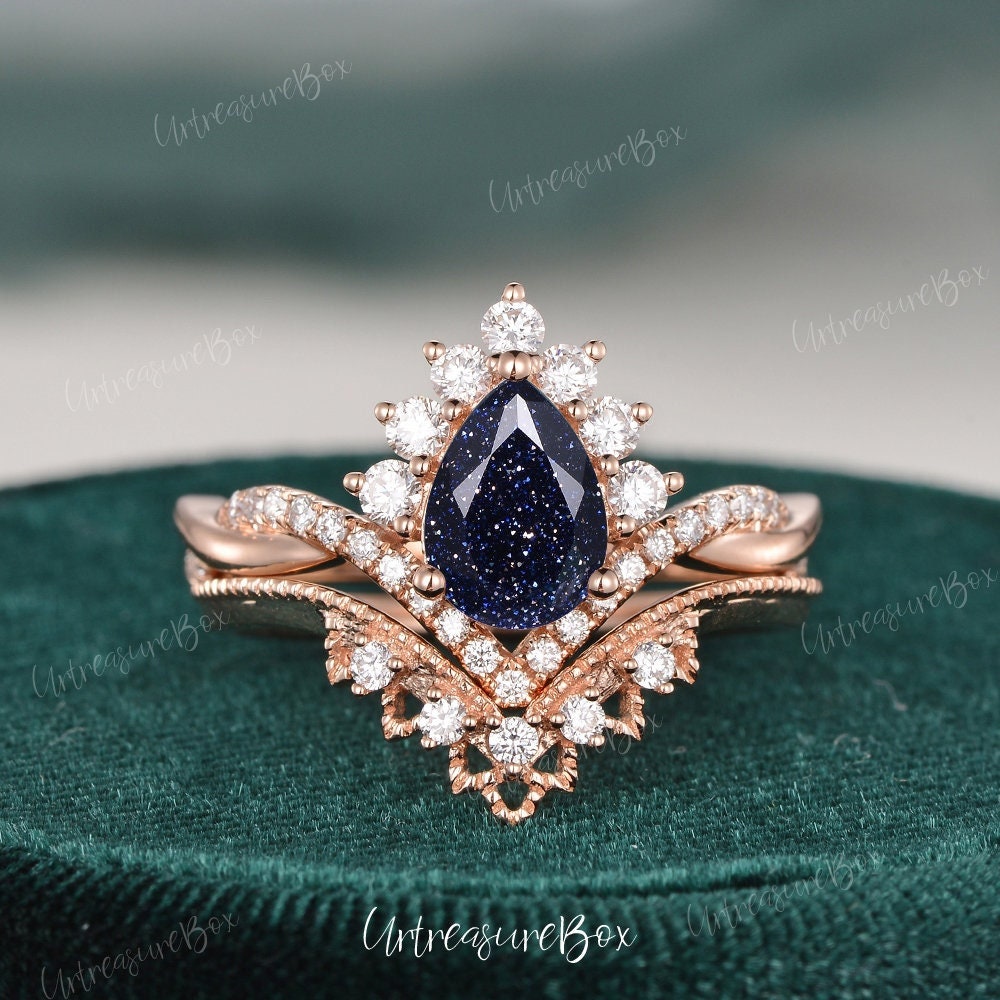 Infinity Galaxy Braut Set Vintage Blau Sandstein Verlobungsring Einzigartige Kristall Ring Rose Gold Stapelring Frauen Diamant Halo von URTreasureBox