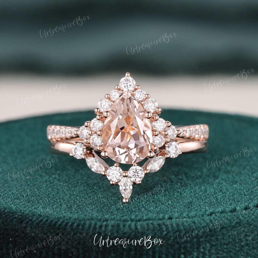 Morganit Verlobungsring Set Pear Shaped Ring Roségold Vintage Ehering Unikat Diamant Halo Braut Cluster von URTreasureBox