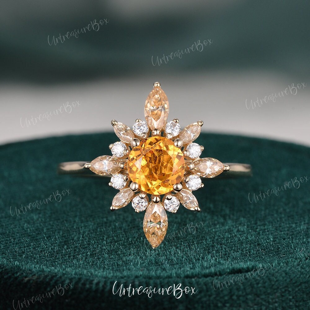 Natürlicher Spessartit Granat Verlobungsring Art Deco Orange Ring Roségold Marquise Gelb Moissanit Blume Brilliant Halo von URTreasureBox