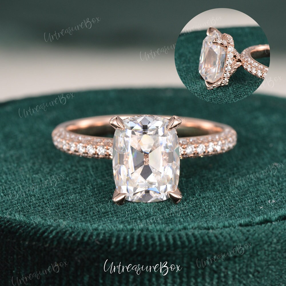 Old Mine Cut Moissanit Verlobungsring Hidden Halo Kissen Cut Ring Dreiseitig Band Rosegold Frauen Hochzeit Unikat Versprechen von URTreasureBox