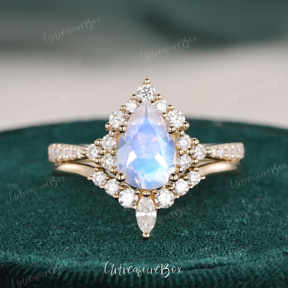 Pear Shaped Mondstein Hochzeit Braut Set Ring Vintage Roségold Verlobungsring Unikat Diamant Cluster Halo Stapelring von URTreasureBox