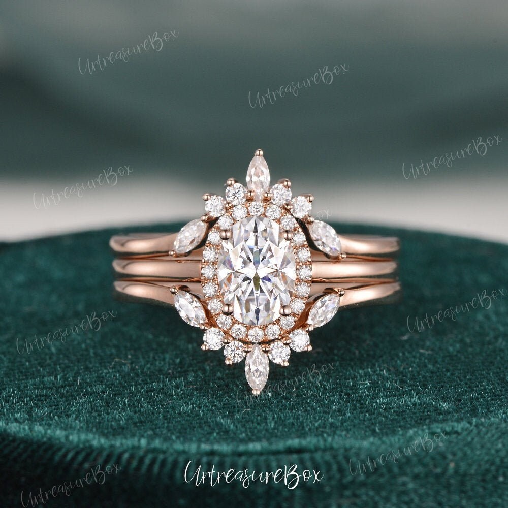 Rose Gold Oval Geschnitten Moissanite Braut Sets Doppel Halo Verlobungsring Set Vintage Cluster Ring Art Deco Einzigartige Hochzeit Jahrestag von URTreasureBox