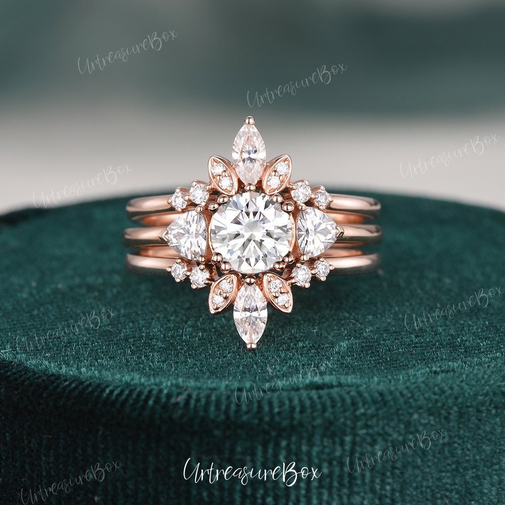 Rundschliff Moissanit Verlobungsring Set 1Ct Roségold Braut Drei Stein Halo Marquise Cluster Ring Versprechen von URTreasureBox