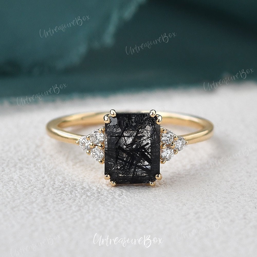 Smaragdschliff Schwarz Rutilquarz Verlobungsring Vintage Gelbgold Diamant Frauen Unikat Braut Geschenk von URTreasureBox