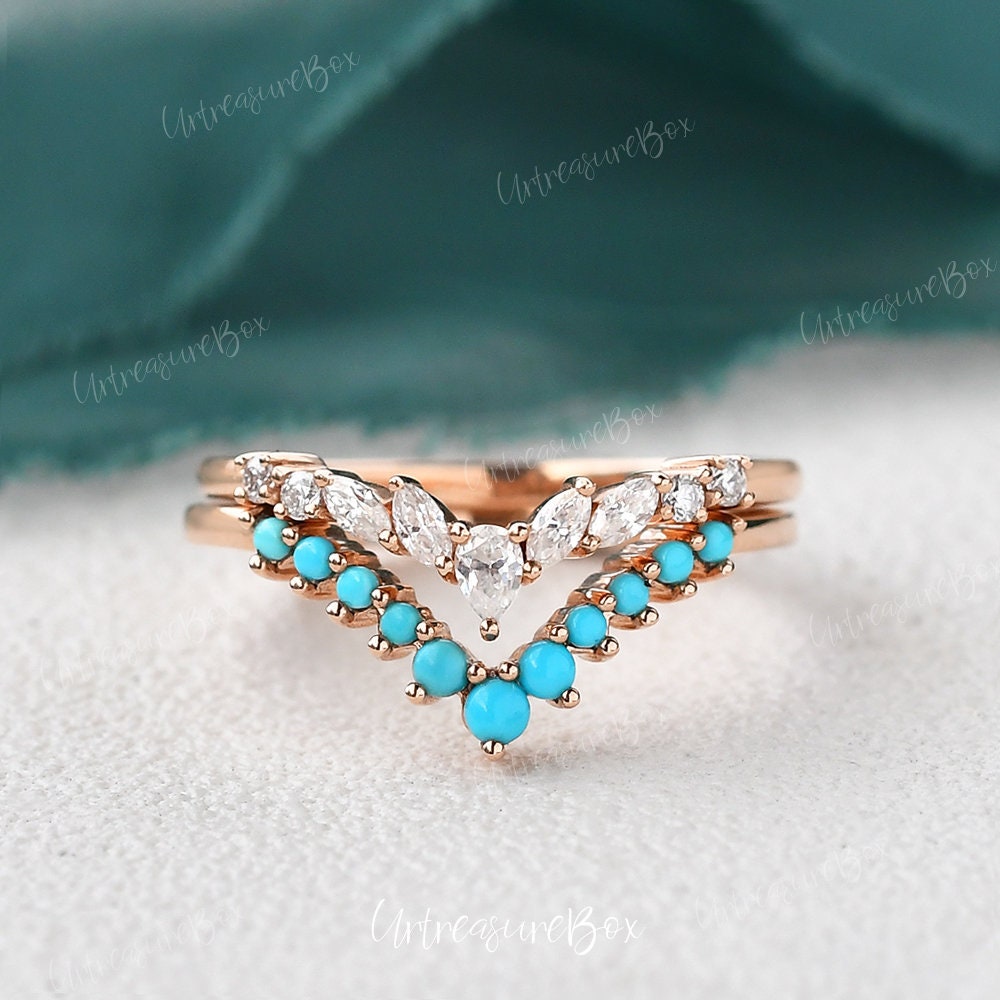 Türkis Ehering Damen Chevron Gewölbte Eheringe Rosegold Doppel Unikat Moissanit Ring Enhancer Vintage V Shaped von URTreasureBox