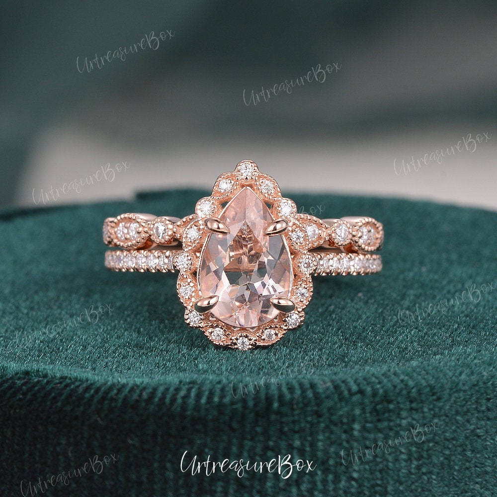 Unikat Morganit Verlobungsring Set Birne Roségold Vintage Unkraut Brautring Art Deco Diamant Halo Ring Milgrain Versprechen von URTreasureBox