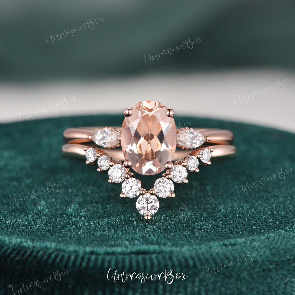 Verdeckter Halo Morganit Verlobungsring Set Oval Rose Gold Drei Steine Ehering Art Deco Damen Unikat Marquise Ring Für Sie von URTreasureBox