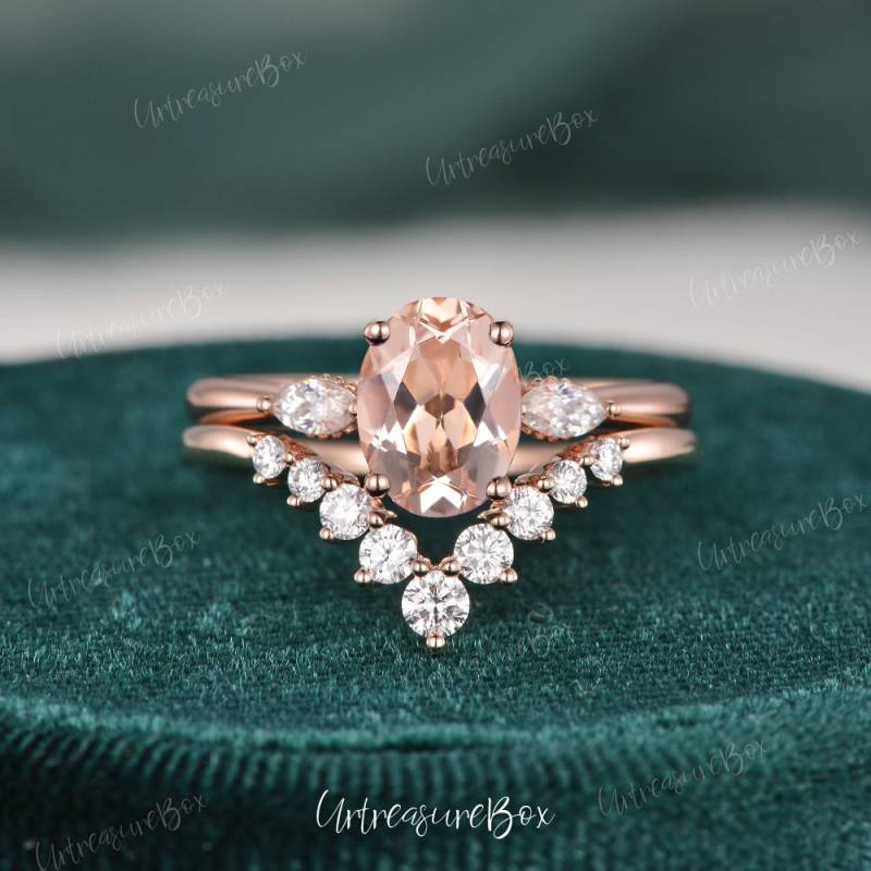 Verdeckter Halo Morganit Verlobungsring Set Oval Rose Gold Drei Steine Ehering Art Deco Damen Unikat Marquise Ring Für Sie von URTreasureBox