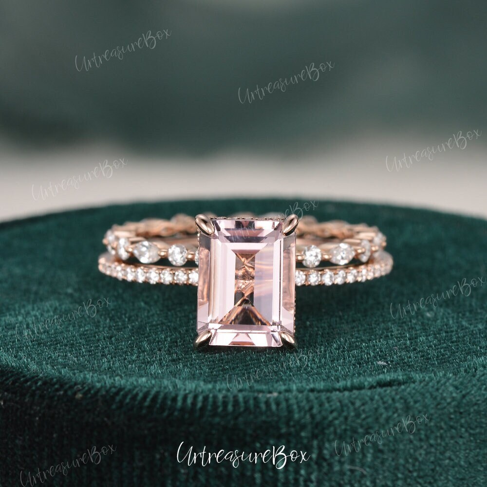 Versteckte Halo Morganit Braut Set 2 Karat Smaragdschliff Verlobungsring Frau Art Deco Rose Gold Ehering Marquise Stapelring von URTreasureBox