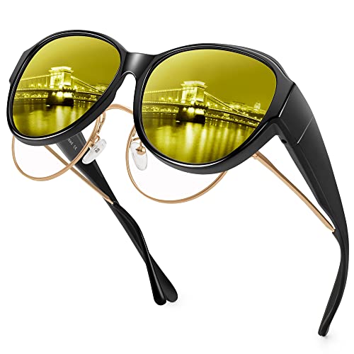 URUMQI Nachtsichtbrille für Autofahrer Damen Polarisierte Nachtbrille zum Autofahren Anti-Blendung HD Gelb Gläser Überzieh Nachtsichtbrille Ultra Leicht Glänzend Schwarzer Rahmen von URUMQI