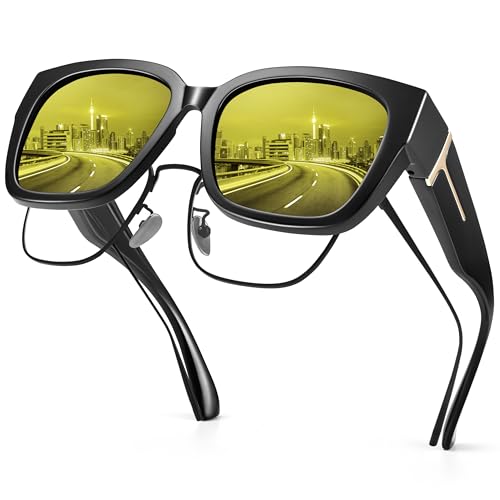URUMQI Nachtsichtbrille für Autofahrer Damen Polarisierte Nachtbrille zum Autofahren Anti-Blendung HD Gelb Gläser Überzieh Nachtsichtbrille Ultra Leicht Schwarzer Rahmen von URUMQI