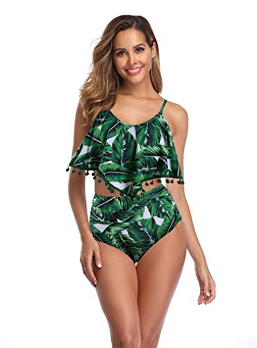 URVIP Damen Bikini Zweiteilige Bikini Set Bademode Falbala Rüschen High Waist Bikini Oberteil mit Volant und Cut Out Bikinihose Grün Blatt XL von URVIP