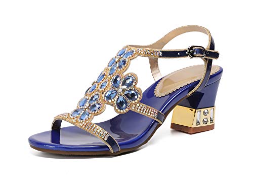 URVIP Damen Blumen Muster Handgemachte Strass Sandalen Hochzeitsschuhe Blau 34 2/3 EU von URVIP