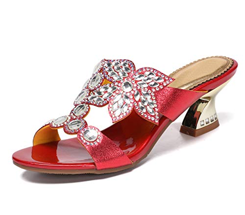 URVIP Damen Blumen Muster Rhinestone Wedge Slippers Heeled Sandal Kleid Schuhe Rot 42 EU von URVIP