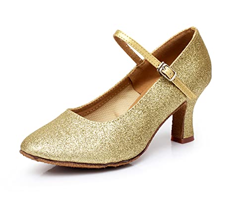 URVIP Damen Glitzer Knöchelriemen Tanzschuhe für Party Hochzeit, Standard Latein Tango Salsa Schuhe Klassische Pumps Elegante Brautschuhe QR-1908 Gold 40 EU von URVIP