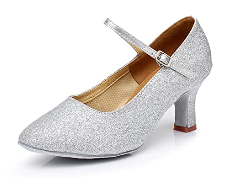 URVIP Damen Glitzer Knöchelriemen Tanzschuhe für Party Hochzeit, Standard Latein Tango Salsa Schuhe Klassische Pumps Elegante Brautschuhe QR-1908 Silber 35 EU von URVIP