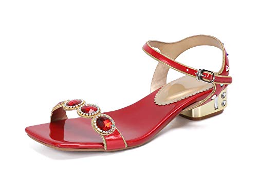 URVIP Damen Handgemachte Strass Sommer Sandalen Low-Heel Hochzeitsschuhe Rot 40 2/3 EU von URVIP